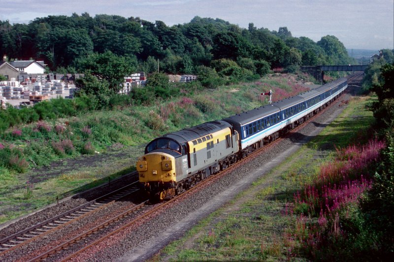 Am 3. September 1993 passiert 37043 das Stellwerk Cowie auf der Streck von Edinburgh nach Inverness. Zu diesem Zeitpunkt gab es nur drei lokbespannte Zugpaare auf dieser Strecke.