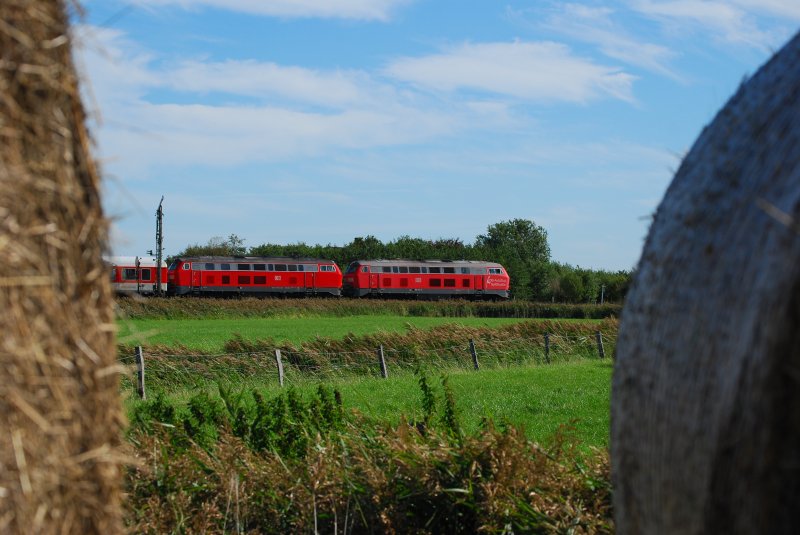 Am 31.08.2008 ziehen 215 901 und eine 218 ziehen ihren Syltshuttle in den Bahnhof Klanxbll.