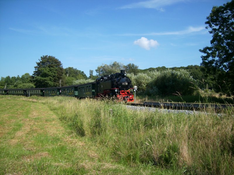 Am 5. Juli 2008 erreicht 99 773 mit dem P110 auf der Fahrt von Ghren nach Putbus den Hp Serams. Die Strecke liegt hier in einem groen Bogen. 