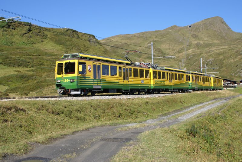 Am 6.9.09 fhrt ein Zug mit dem Bhe 4/8 134, dem Bhe 4/8 132 und dem Bt 252 von Kleine Scheidegg talwrts Richtung Grindelwald.

