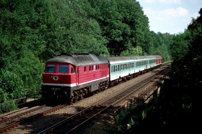 Am 8. August 1999 faehrt 234 597-3 mit einer Regionalbahn aus Zittau durch Waelder zwischen Arnsdorf und Radeberg.