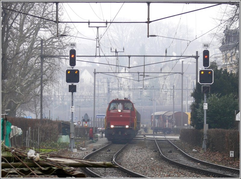 Am 841 014-4 nhert sich mit einem kurzen Gterzug Rorschach Hafen. (14.02.2008)