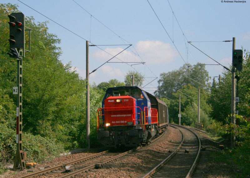 Am 843 092-8 mit ihrer CB(.a) bei der Durhcfahrt Gottmadingen am 2.9.08. Der Zug kam aus einem Anschluss in Gottmadingen und fuhr weiter Richtung Schaffhausen