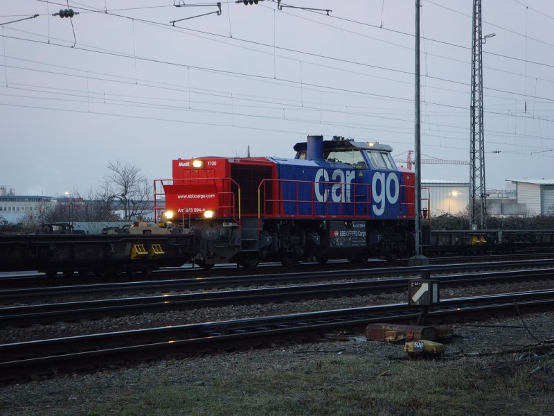 Am 843 094-4 rangiert leere RoLa-Wagen im Freiburger Gterbahnhof. 25.02.09