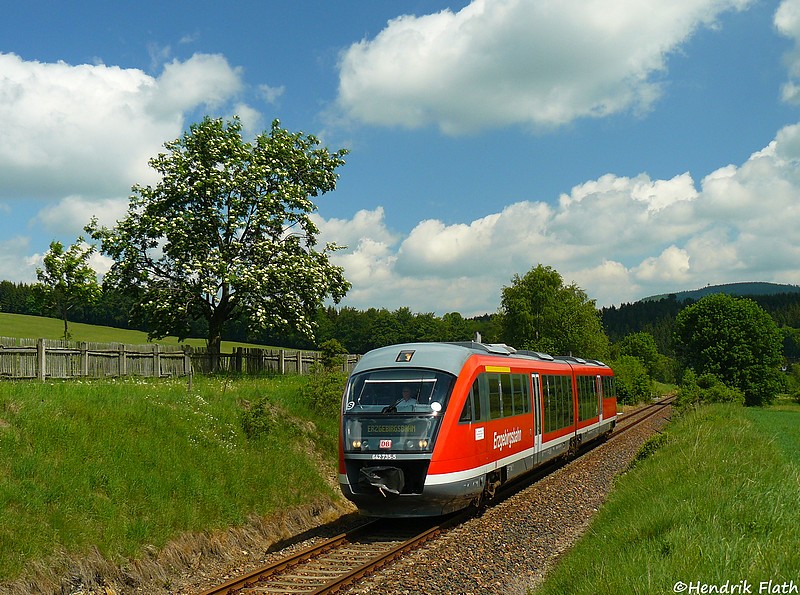 Am dritten Tag (23.05.2009) des Jubilums  120 Jahre BSg-Linie  ist 642 735 als RB 70999 nahe Sehma in Richtung Schlettau unterwegs. Die planmige RB, welche sonst nur bis Buchholz verkehrt wurde bis Schlettau verlngert.