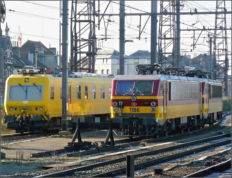 Am fr�hen Morgen des 14.02.09 waren die beiden Loks 1186 und 1181 neben einem Messzug mit zugefrorenen Frontscheiben abgestellt. (Hans)