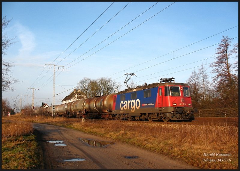Am frhen Morgen schepperte heute 421 371 mit ihrem Kesselzug aus Richtung Falkenberg/E. - nach Cottbus, Uebigau, 14.02.07.