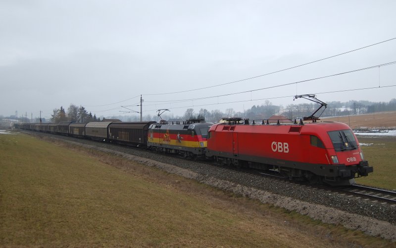 Am supertrben 03.03.2009 war der Papiergterzug
48930 mit dem Taurusdoppel 1016 044 + 1116 036
bei Wartberg/Kr.unterwegs. Als Nachschiebe war die
1116 255 eingeteilt.
