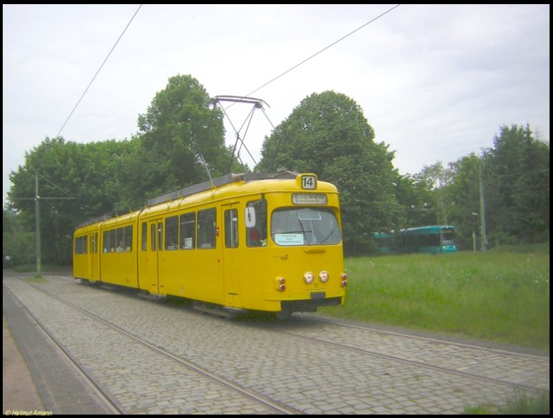 An der ehemaligen und heute planmig nicht mehr angefahrenen Endhaltestelle Louisa fuhr am 03.06.2006 ein Zug der Linie 14 nach Bornheim Ernst-May-Platz mit einem S-Triebwagen am O-Triebwagen 111 (ex902) vorbei, der dort anllich einer Sonderfahrt Station machte. 