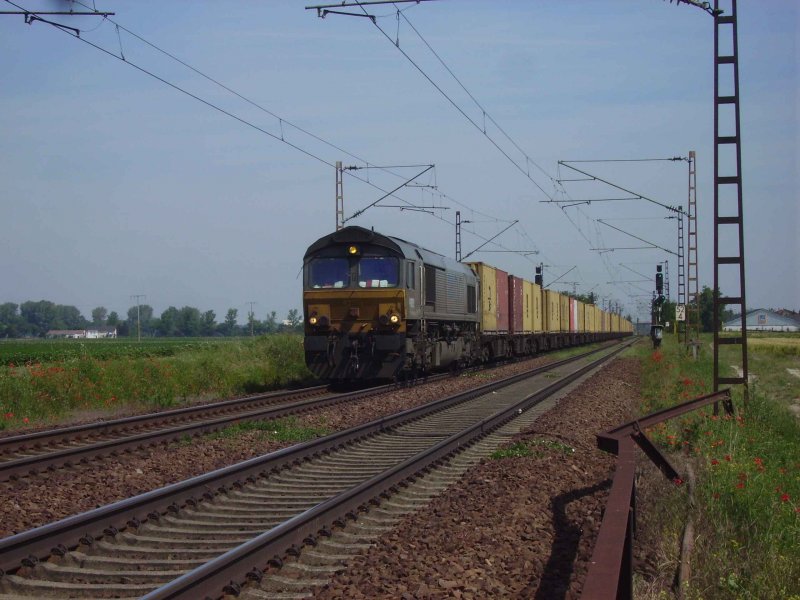 An einem heien Sommertag dieselt die noch heiere Class66 an uns in Bobenheim vorbei.