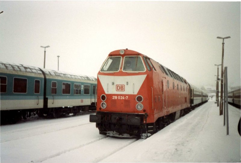 An einem der schneereichen Wintertage 1998/99 brachte 219 024-7 einen RE mit Skifahrern und Touristen nach Altenberg im Ost-Erzgebirge.