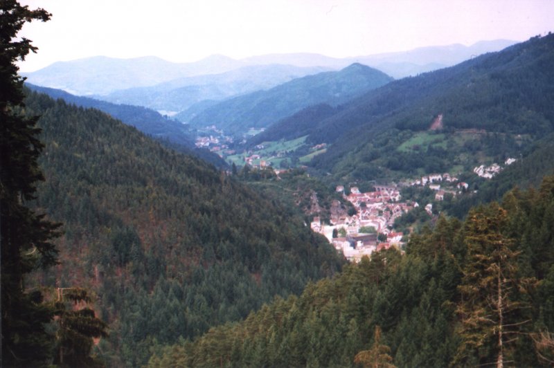An der Schwarzwaldbahn: 
Im Gelnde (V): Blick vom Schlofelsen hinab nach Hornberg und 
ins untere Gutachtal, weit oberhalb des Streckenkiometers 45,0.
Im Hintergrund erkennt man noch den 945 Meter hohen Brandenkopf,
die hchste Erhebung des mittleren Schwarzwaldes. 