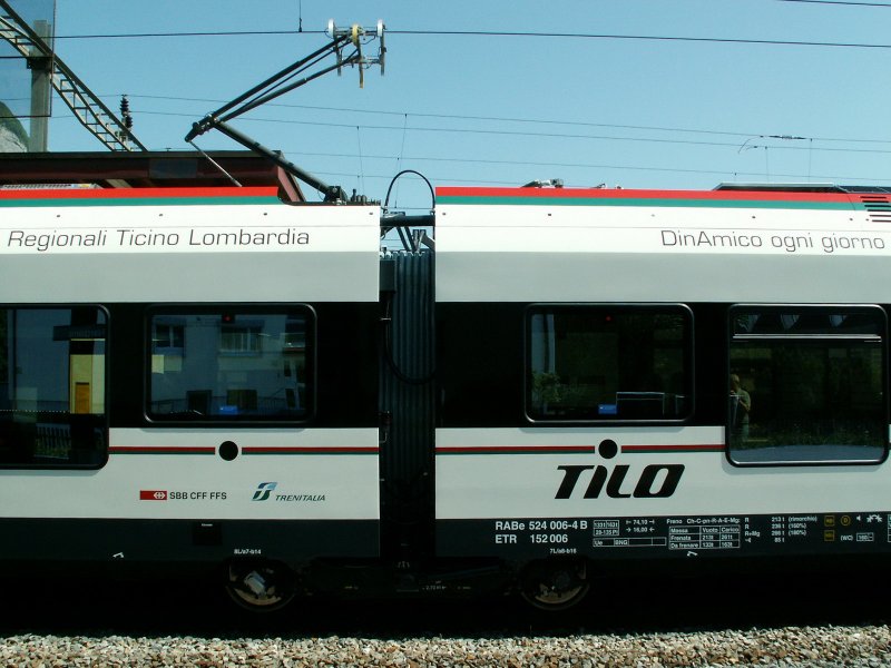 Anschriften des Stadler  Flirt  TILO (Treni Regionali Ticino Lombardia)der SBB (RABe 524 006) und FS (ETR 152 006) Joint Venture SBB + FS.Sargans 24.05.07 