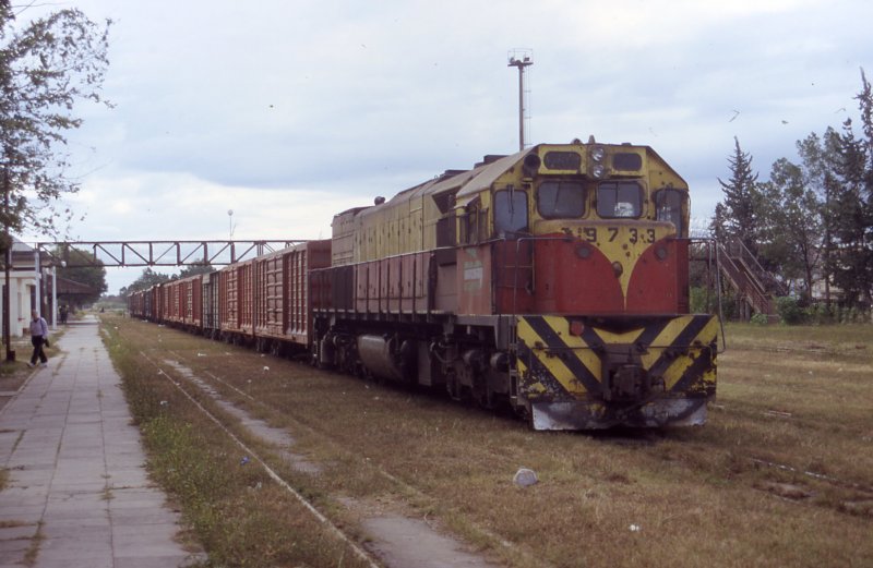 Argentinien 2005-Bahnhof Metan/Salta: Bei dem eben eingetroffenen Gterzug wird die Lok zur Weiterfahrt Richtung BsAs umgesetzt. Argentinien hatte eines der lngsten Meterspur-Netze der Welt. Inzwischen ist nur noch ein Bruchteil in Betrieb.