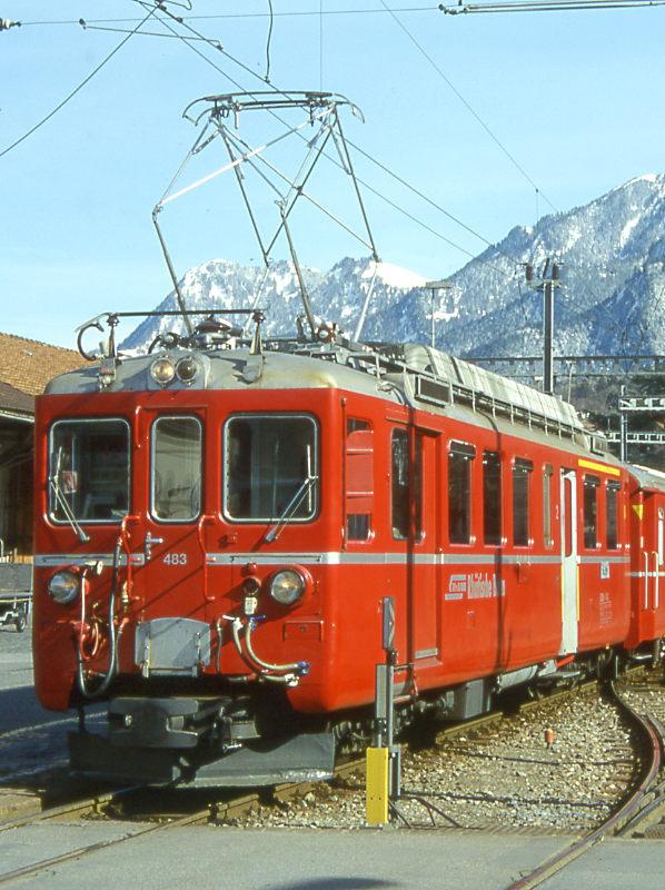 Arosabahn-Triebwagen ABDe 4/4 483II am 28.02.1997 in Chur. Baujahr 1957 - SWS/BBC/SAAS/RhB - Leistung 500Kw - Gewicht 43,00t - Zuladung Gepck 2,00t - LP 17,77m - V=65km/h - Pl. 12/24 - 2200V= - Beschaffungspreis 408.000 SFr - abgebrochen nach Umstellung der Linie auf 11KV~
