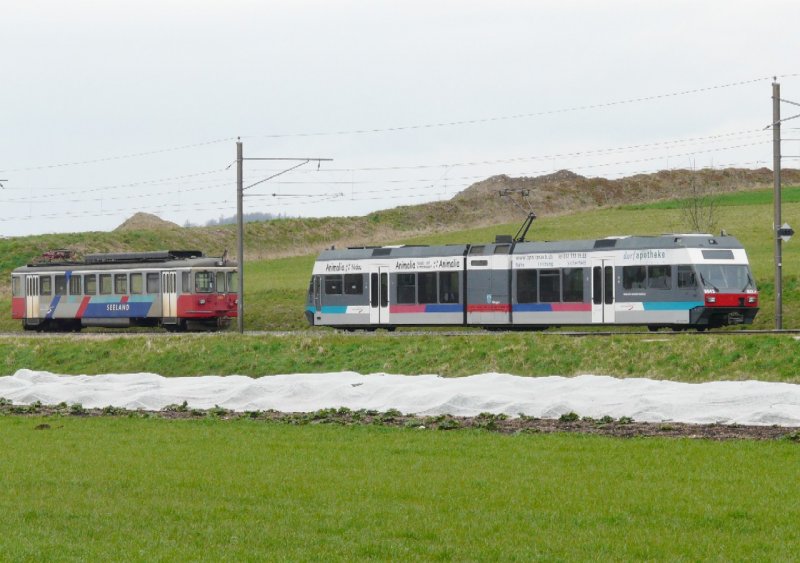 asm / BTI - Triebwagen Be 4/4 525 und Be 2/6 504 in Siselen am 06.04.2008