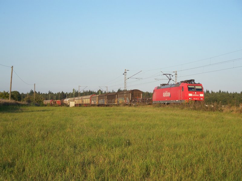 Auch wenn ich wohl Gefahr auflaufe, geschlachtet zu werden, mchte ich auch dieses Bild zeigen, da mir persnlich die Lichtstimmung ganz gut gefllt. 185 021 mit einem GZ auf der KBS 700 zwischen Neuluheim und Waghusel, 23.09.07.