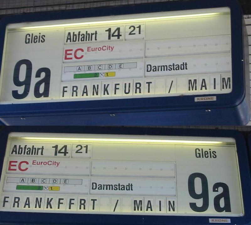 Auf beiden Seiten eine Falschanzeige, Oben steht Frankfurt / Maim und auf der anderen Seite also unten steht Frankffrt/ Main

18.06.2005 Mannheim Hbf.