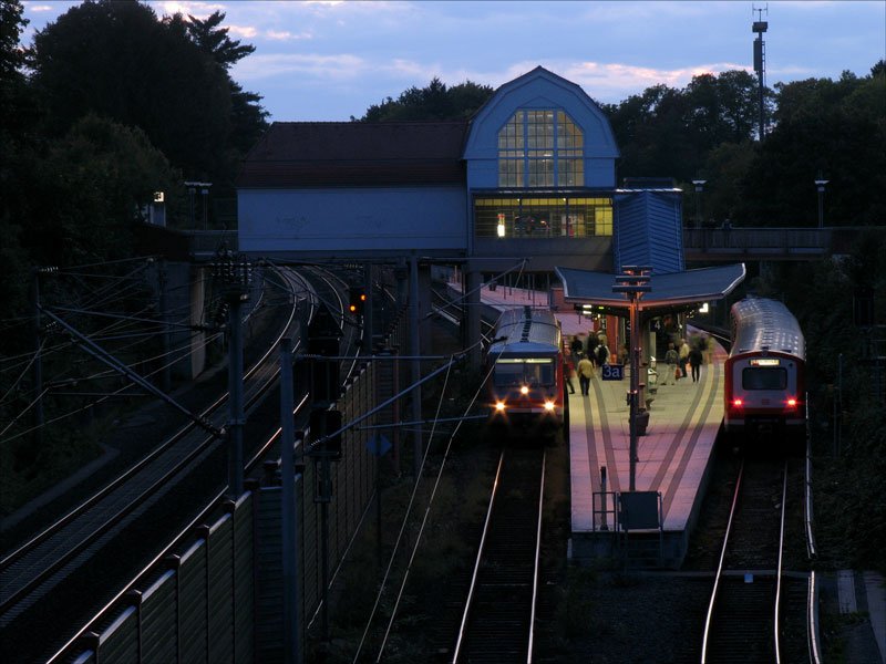 Auf Gleis 4 ist angekommen die S-Bahn S21 von Hamburg Elbgaustrae; einige Fahrgste steigen um in den auf dem gegenberliegenden Gleis 3A bereitstehenden 628 212 als RB 21881 nach Bchen; Aumhle am Abend des 21.09.2008
