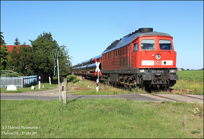 Auf der Niederlausitzer Eisenbahn ist nicht oft Betrieb, aber wenn dann richtig. Fr die Ostseepipeline wurden im Juni im Gewerbegebiet Duben Rohre entladen. Vom Bahnhof Lbben/Spreewald ging es dazu am frhen Morgen mit einem Grodiesel auf die Strecke. Hier mit 233 373 am B in Duben/Niederlausitz am 17.06.09.