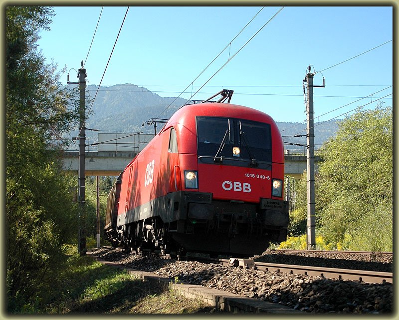 Auf der Suche nach einer Stelle fr den EC 31 kam mir am 1.9.2006 1016 040 mit ihrem Gterzug kurz nach Frnitz vor die Linse. Leider ist die Lokfront teilweise im Schatten. Es ist eine typische Aufnahme aus dem Alltagsbetrieb.