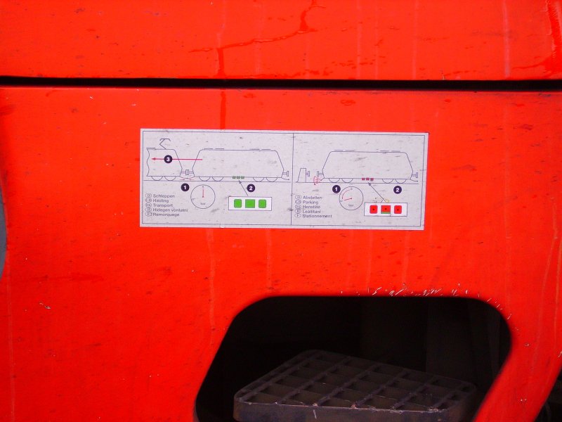 Aufkleber an der Seite bei der Puferbohle. Drauf abgebildet sind die  Stellungen der Bremsen beim Verschieben und Abstellen.
Gesehen an 101  033-9 am 12.10.09