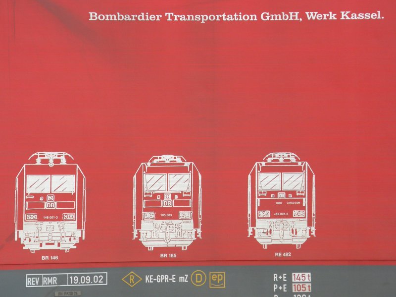 Aufschrift (Werbung) fr das Bombardier Werk Kassel auf BR 185 090 am 13.08.2008 in Singen (Htw.)