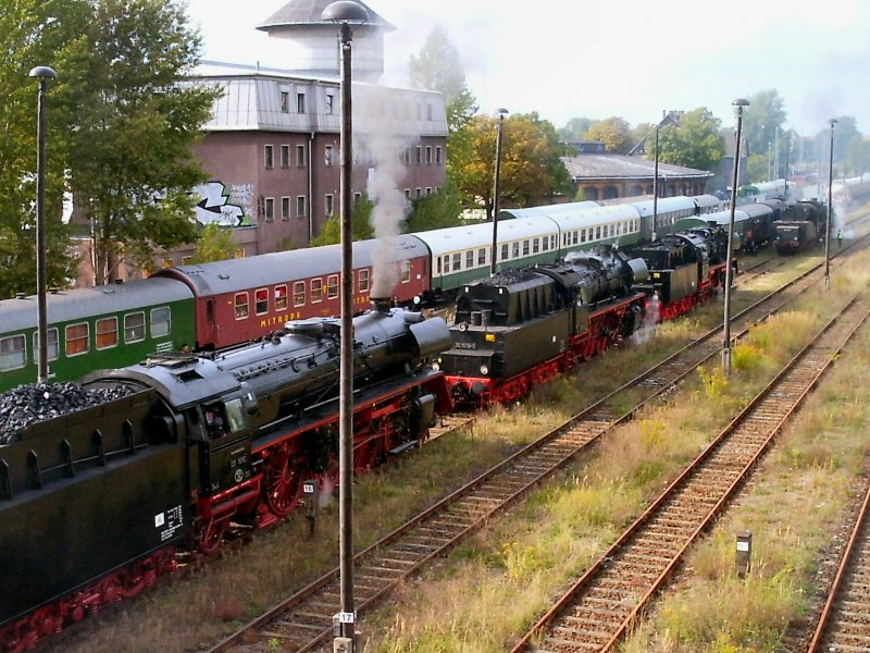 Aufstellung der Dampflokomotiven vor der Parade in Schneweide, 2006