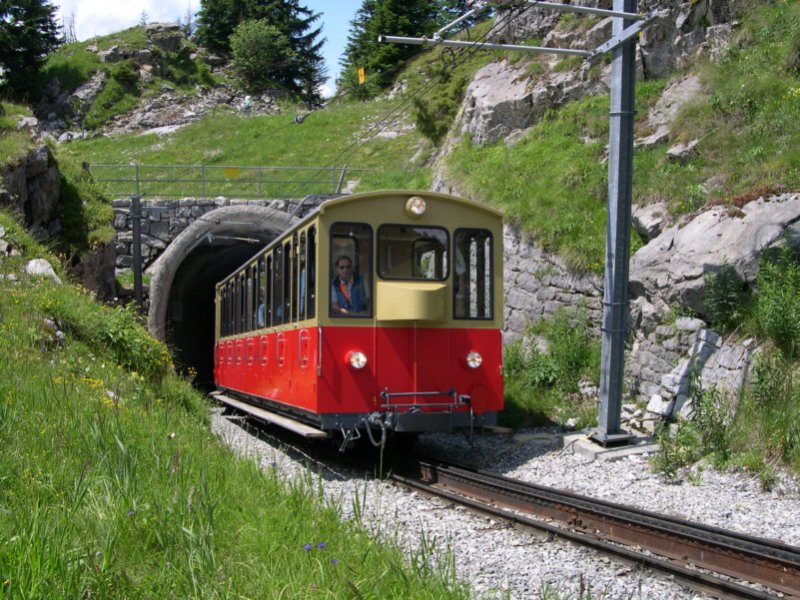 Aus dem 162m langem  Grtli-Tunnel  kommt dieser Zug am 13.07.2005 der sich auf Bergfahrt befindet. Neben dem Tunnel gibt es einen netten Picknickplatz, an dem es sich vorzglich rasten lsst.