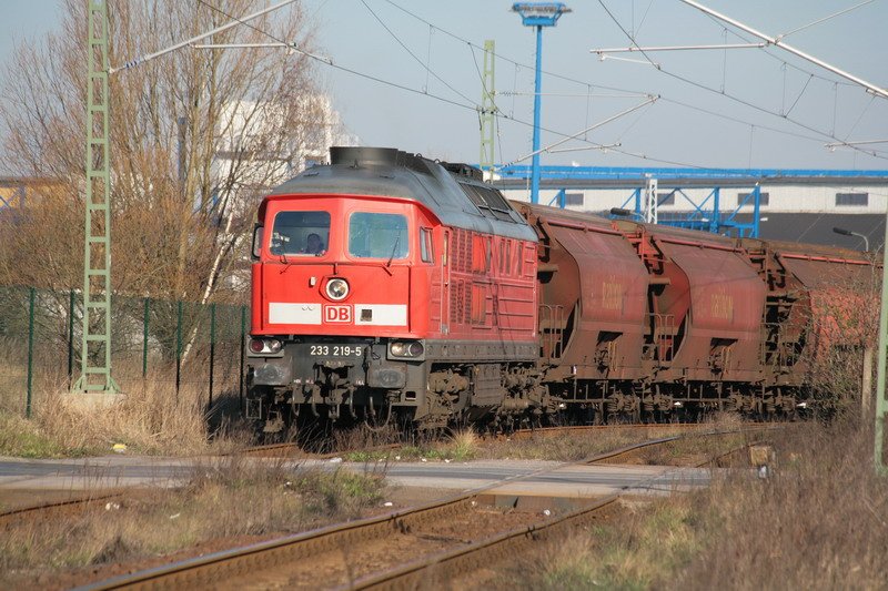 Aus dem Seehafen in Wismar kommt die 233 219 mit einem Gterzug gefahren. 03.04.2009