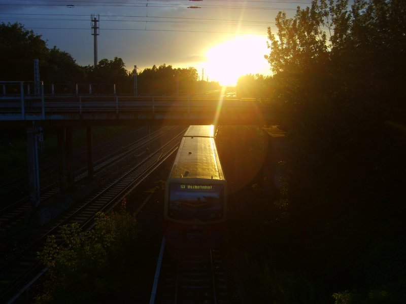 Ausfahrt bei Sonnenuntergang in den Bahnhof Wuhlheide, 7.7.2007