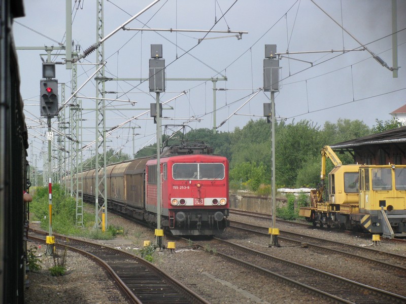Ausfahrt des Sonderzug der MEF, vorbei an der E-Lok BR 155 253-8 mit ihrem Gterzug am Haken, Ludwigslust Bf 15.08.2009