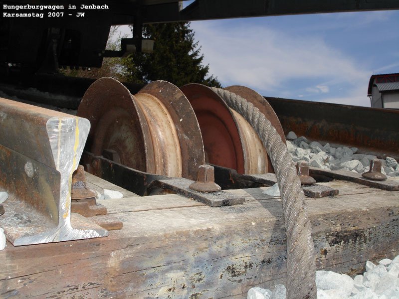 Ausschnitt des Oberbaus des n�chst der Remise der Achenseebahn in Jenbach ausgestellten Wagens N�1 der klassischen Hungerburgbahn. Ein sehr einpr�gsames Schauobjekt (man beachte etwa die Keilkopfschienen), dessen Pr�sentation sehr gelungen ist. Karsamstag 2007 kHds