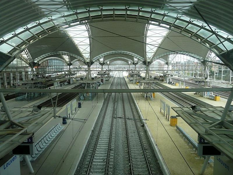 Aussicht auf die Bahnsteige und die interessante Dachkonstruktion des Bahnhofs von Leuven/Louvain. 09.03.08