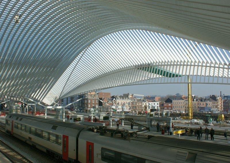 Aussicht von der Rolltreppe auf Bahnsteige und die Stadt Lige.
(30. Mrz 2009)