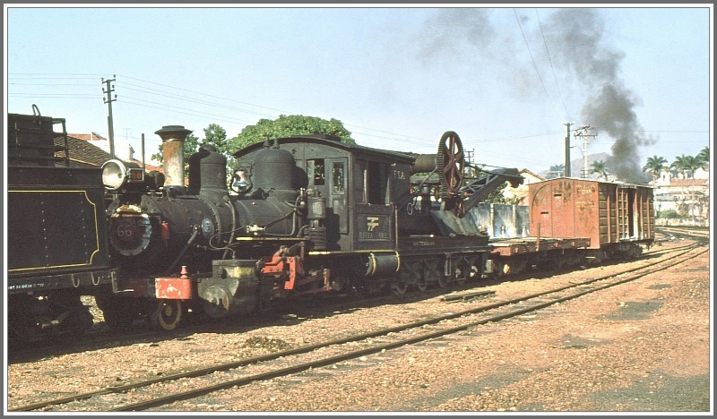 Bahnbetriebswerk RFFSA SR-2 in Sao Joao del Rei. Lok 66 mit Kranwagen. (Archiv 03/1979)