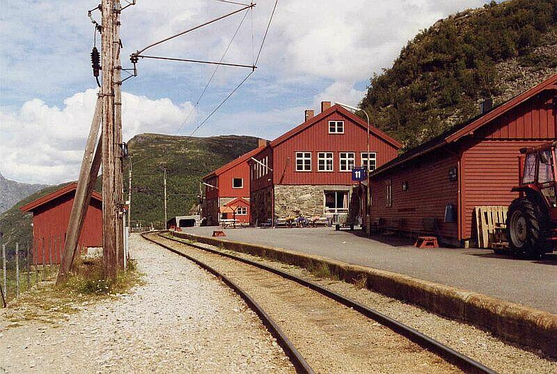 Bahnhof Myrdal 866 m hoch, 20,2 km von Flam und Ende der Flambahn im August 1993, hier noch mit Oberleitungs-Holzmast. Das Gleis 11 ist den Zgen nach Flam und Bergen vorbehalten, eine Ausfahrt Richtung Finse - Oslo ist nicht mglich.