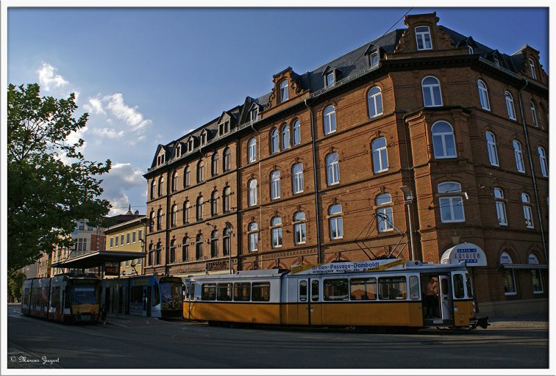 Bahnhof Nordhausen - GT 4 (Gelenk-Einrichtungswagen) Wagen 81 | Baujahr 1964
Combino (Einrichtungswagen) Wagen 101 | Baujahr 2000
Combino Duo (Zweirichtungswagen) Wage 203 | Baujahr 2004
28.08.2009