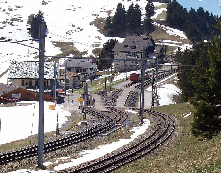 Bahnhof Rigi Staffel 1604m, hier kommen die Bahnen von Vitznau (rechts) und von Arth-Goldau (geradeaus) zusammen und fhren pararel weiter zum Endbahnhof Rigi Kulm 1800m. Nur hier in Staffel ist ein Verbindungsgleis zwischen den beiden Strecken, auf dem Foto steht der rote Zug drauf.