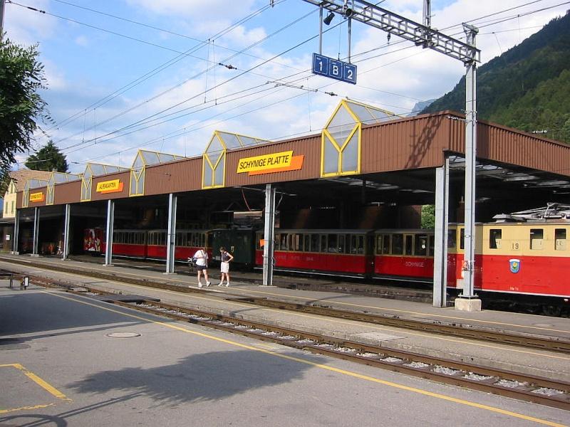 Bahnhof Wilderswil im Juli 2003. Der Bahnhof liegt an der Strecke der Berner Oberland Bahn (BOB) zwischen Interlaken Ost und Grindelwald bzw. Lauterbrunnen. Auerdem besteht hier eine Umsteigemglichkeit zu den Zgen der Schynige-Platte-Bahn, deren Depot hier zu sehen ist.