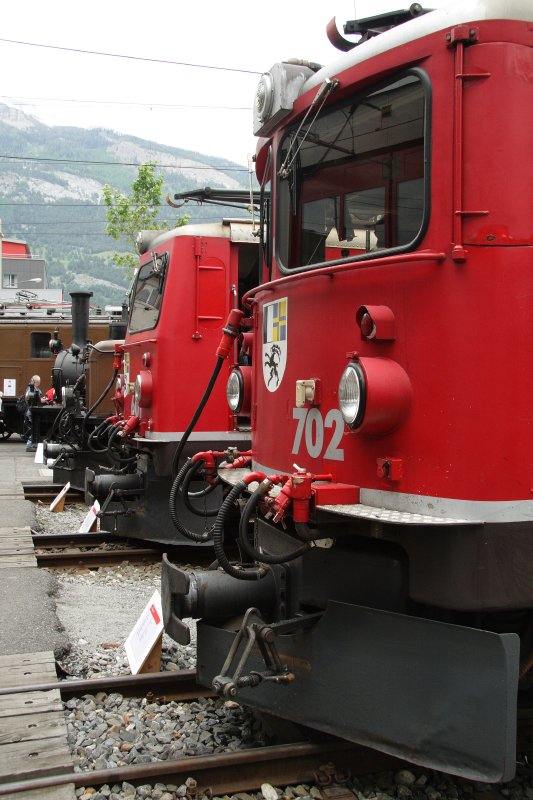 Bahnhofsfest Chur 2008: Lokparade vor dem Depot in Chur mit Ge 6/6 II 702  Curia  + Ge 4/4 I 601  Albula  + Krokodil Ge 6/6 I 415 + Dampflok G 3/4 1  Rhtia  + Ge 2/4 222 am 24. Mai. 