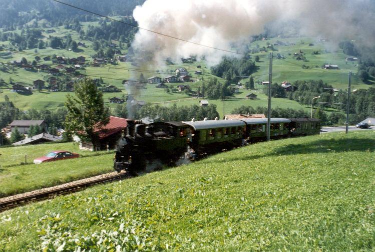 Ballenberg Dampflok HG 3/3  1067 mit Nostalgie Personenwagen auf den Geleisen der BOB kurz vor Grindelwald im Sept. 1990