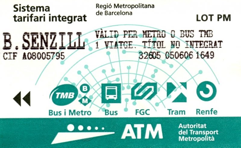 BARCELONA (Katalonien/Provinz Barcelona), 05.06.2006, Fahrkarte für eine einfache Fahrt, gelöst am Automaten in der Metro-Station Catalunya -- Fahrkarte eingescannt