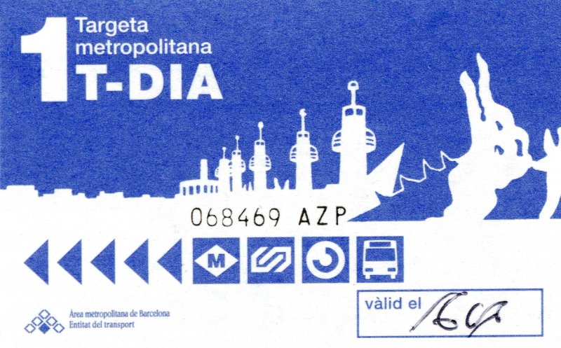 BARCELONA (Katalonien/Provinz Barcelona), 16.06.2000, ein Metro-Tagesticket, gelöst am Bahnhof Passeig de Gràcia -- Fahrkarte eingescannt