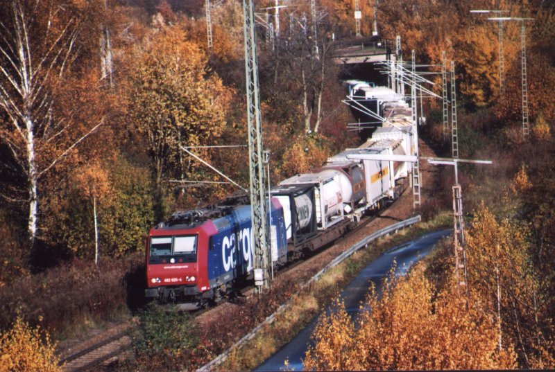 Baureihe 482 mit einem Containerzug auf dem Weg nach Sden.
Hier bei der Einfahrt in den Gterbahnhof von Offenburg (D), 
im November 2006.