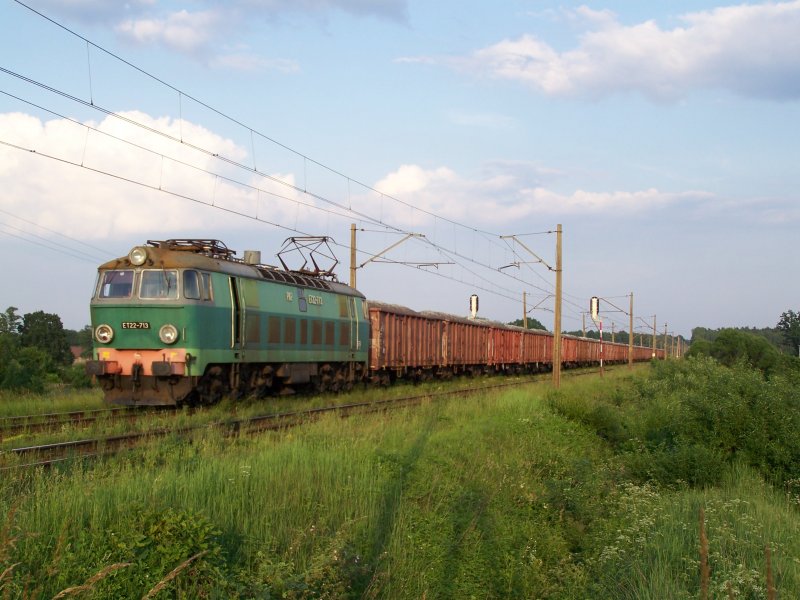 Baureihe.ET22-713 von PKP zog am 07.06.07 einen vollen KohleZug von Sd nach Nord. Hier 50meter vor dem Stellwerk Lomnica.