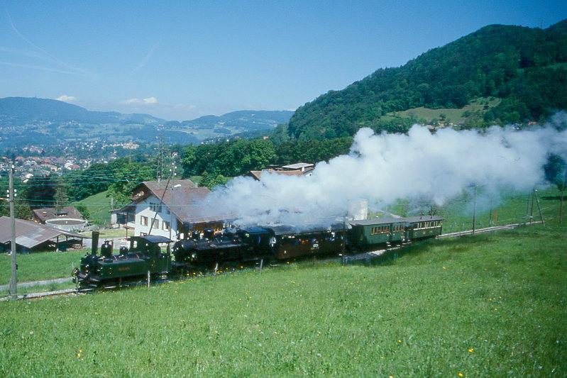 BC Museumsbahn Dampfzug 105043 in Doppeltraktion von Blonay nach Chamby am 24.06.1999 bei Cornaux mit Dampflok exLEB G 3/3 5 - exSEG G 2x2/2 105 - exBOB C4 44 - exRB ABCFZ4 15 - exSEG C4 171.
