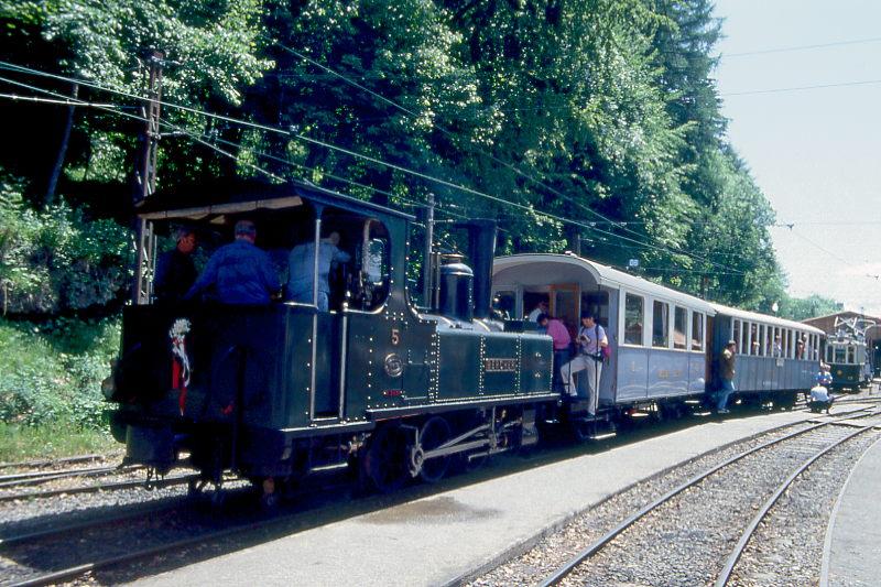 BC Museumsbahn Dampfzug 546 von Chaulin nach Weiche-(Chaulin) am 31.05.1993 in Depot Chaulin mit exMOB C 4 45 - exMCM BC 10 - Dampflok exLEC G 3/3 5. Hinweis: R�ckansicht, Dampfzug geschoben.
