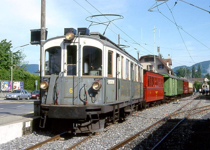 BC Museumsbahn-Extrazug 6013 von Blonay nach Chaulin Weiche am 19.05.1997 in Blonay mit Triebwagen exMCM BCFeh 4/4 6 - exNStCM B 7. Hiweis: dahinter steht Zug 7502
