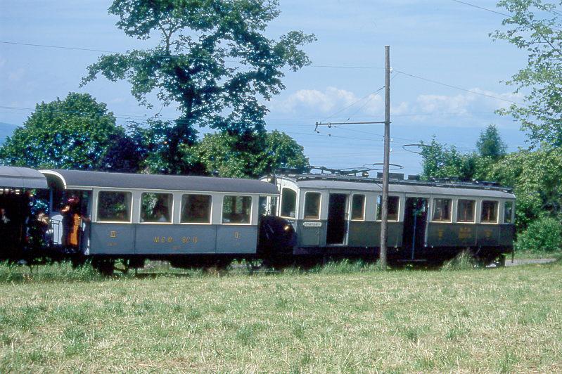 BC Museumsbahn-Extrazug 6524 von Chaulin Weiche nach Blonay am 31.05.1993 bei Chaulin mit Triebwagen exMCM BCFeh 4/4 6 - exMCM BC 10 - exBOB C4 44 - exGF Ge 4/4 75

